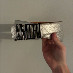 AMIRI Quilted Silver Belt with Logo Buckle